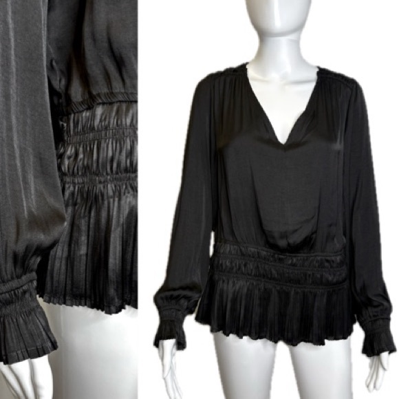 Philosophy Tops - Philosophy Satin Pleated Smocked Blouse Size Large Black Long Balloon Sleeve Top